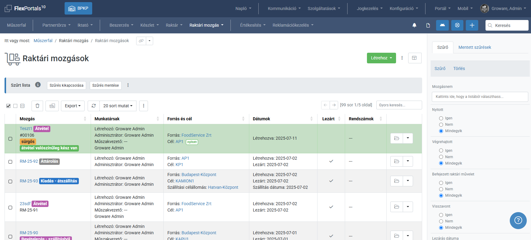 FlexWm warehouse movement - list screenshot